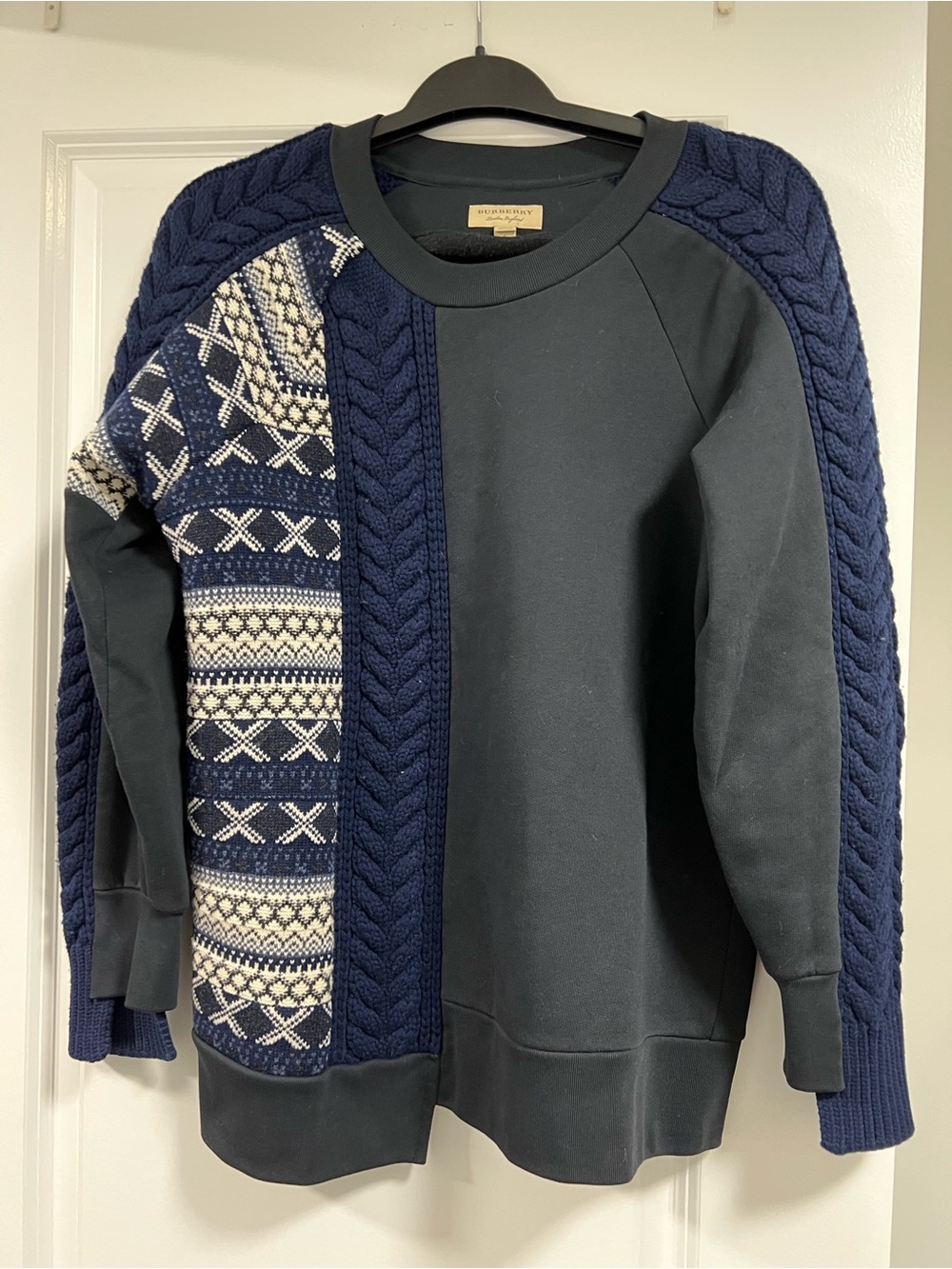 Burberry Navy and White Mixed-Knit Crewneck Sweater - Men